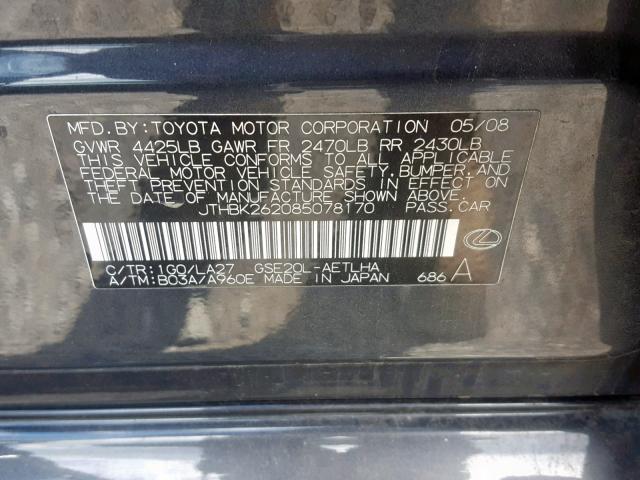 JTHBK262085078170 - 2008 LEXUS IS 250 GRAY photo 10