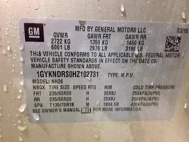 1GYKNDRS0HZ102731 - 2017 CADILLAC XT5 LUXURY GOLD photo 10