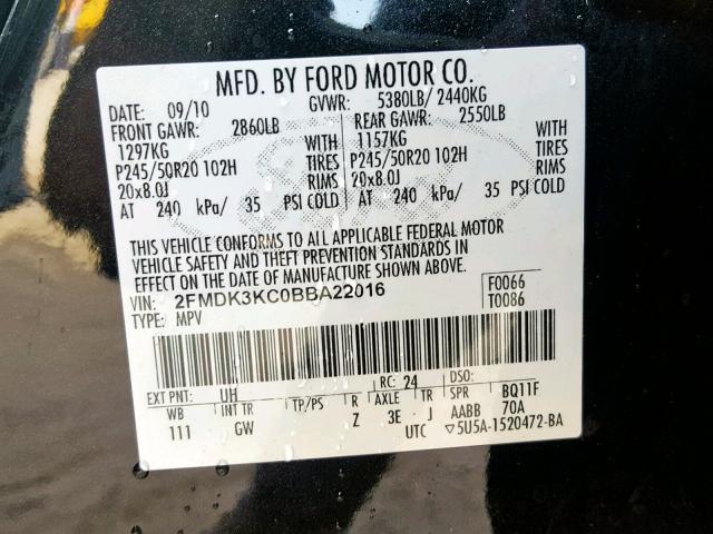 2FMDK3KC0BBA22016 - 2011 FORD EDGE LIMIT BLACK photo 10