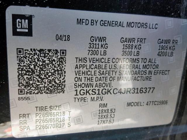 1GKS1GKC4JR316377 - 2018 GMC YUKON XL C BLACK photo 10