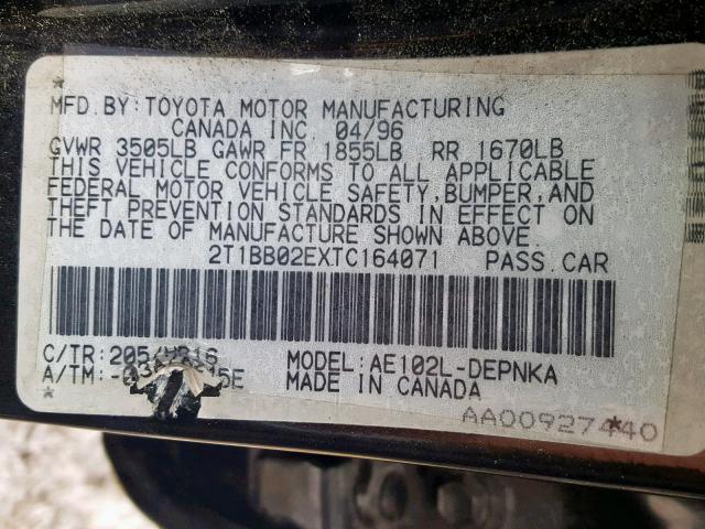 2T1BB02EXTC164071 - 1996 TOYOTA COROLLA DX BLACK photo 10