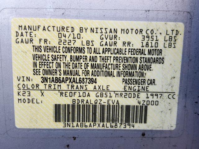 3N1AB6APXAL687394 - 2010 NISSAN SENTRA 2.0 SILVER photo 10