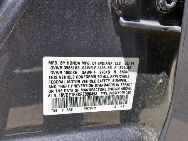 19VDE1F3XFE000493 - 2015 ACURA ILX 20 GRAY photo 10