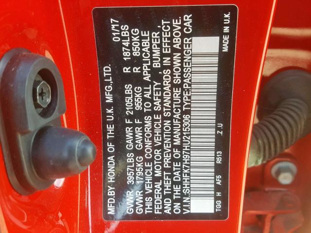 SHHFK7H97HU215306 - 2017 HONDA CIVIC SPOR RED photo 10