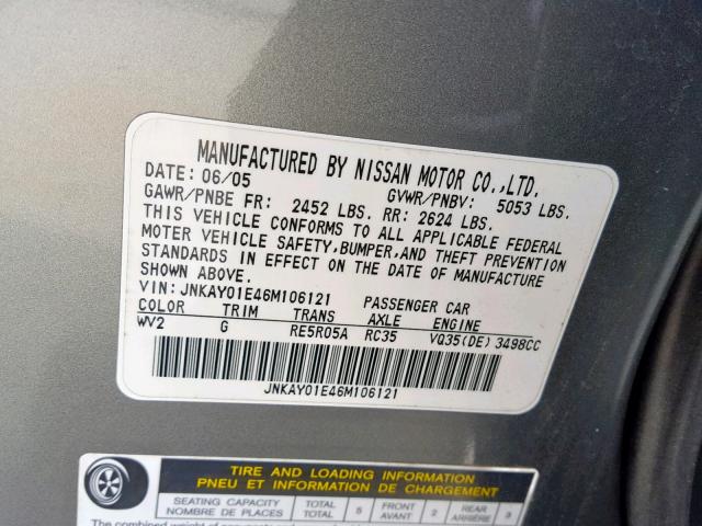 JNKAY01E46M106121 - 2006 INFINITI M35 BASE GRAY photo 10