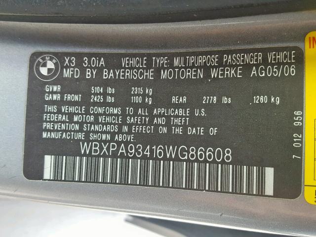 WBXPA93416WG86608 - 2006 BMW X3 3.0I SILVER photo 10