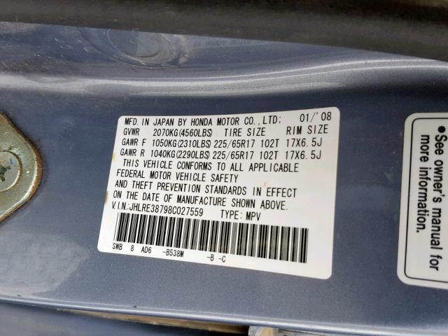 JHLRE38798C027559 - 2008 HONDA CR-V EXL BLUE photo 10