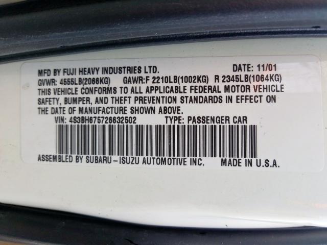 4S3BH675726632502 - 2002 SUBARU LEGACY OUTBACK AWP  照片 10