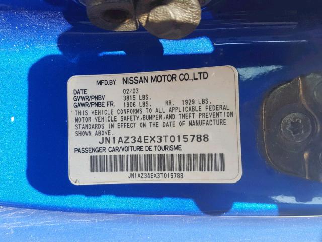 JN1AZ34EX3T015788 - 2003 NISSAN 350Z COUPE BLUE photo 10