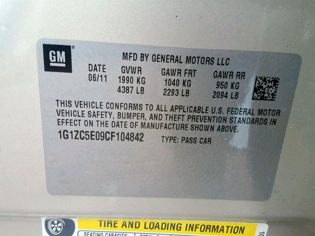 1G1ZC5E09CF104842 - 2012 CHEVROLET MALIBU 1LT 米色 照片 10