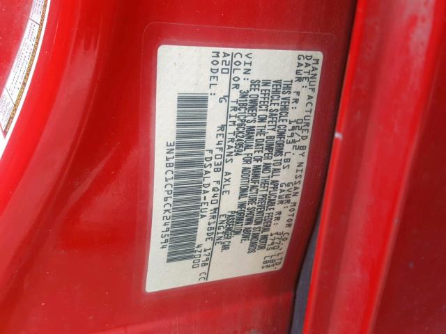 3N1BC1CP6CK249594 - 2012 NISSAN VERSA S RED photo 10