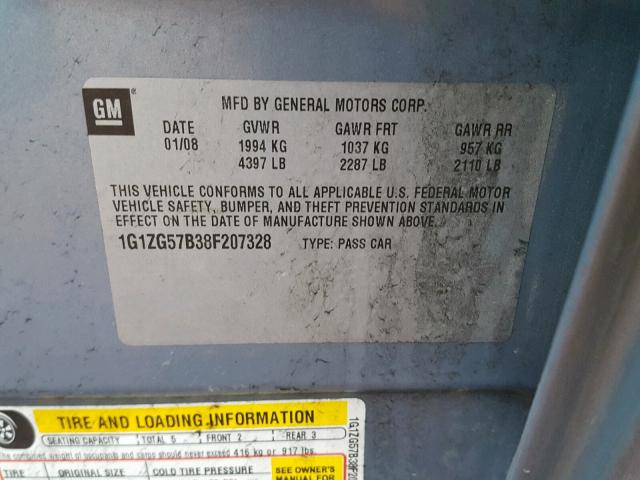 1G1ZG57B38F207328 - 2008 CHEVROLET MALIBU LS BLUE photo 10