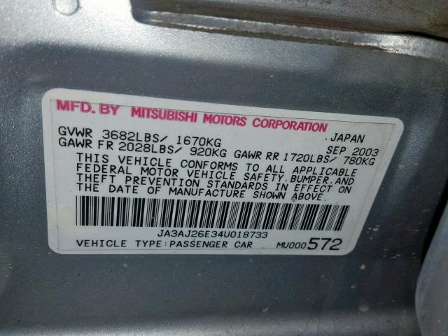 JA3AJ26E34U018733 - 2004 MITSUBISHI LANCER ES SILVER photo 10