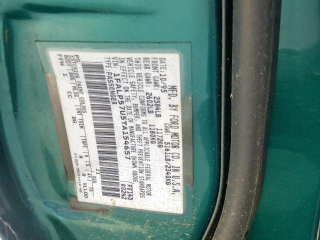 1FALP57U5TA154657 - 1996 FORD TAURUS GL GREEN photo 10