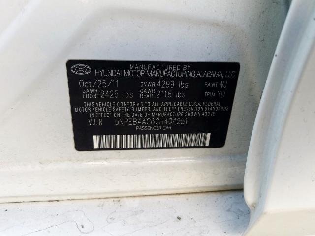 5NPEB4AC6CH404251 - 2012 HYUNDAI SONATA GLS  photo 10