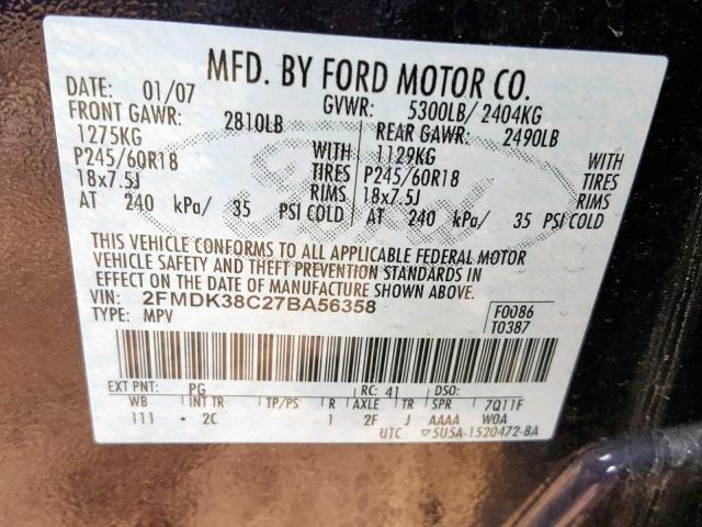 2FMDK38C27BA56358 - 2007 FORD EDGE SEL RED photo 10