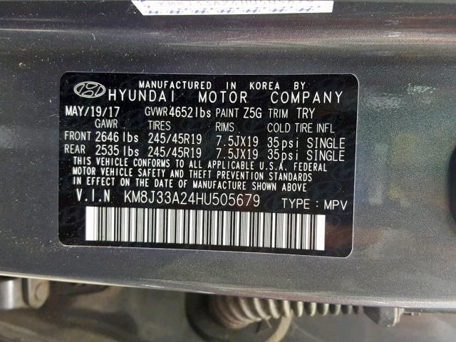 KM8J33A24HU505679 - 2017 HYUNDAI TUCSON LIM GRAY photo 10