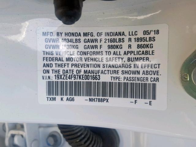 19XZE4F97KE001663 - 2019 HONDA INSIGHT TO WHITE photo 10