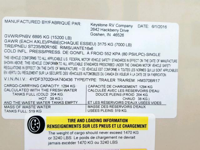 4YDF37020HA740436 - 2017 KEYSTONE MONTANA BROWN photo 10