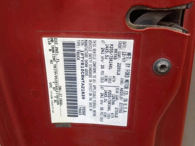 1FTYR10C8WTA21839 - 1998 FORD RANGER RED photo 10