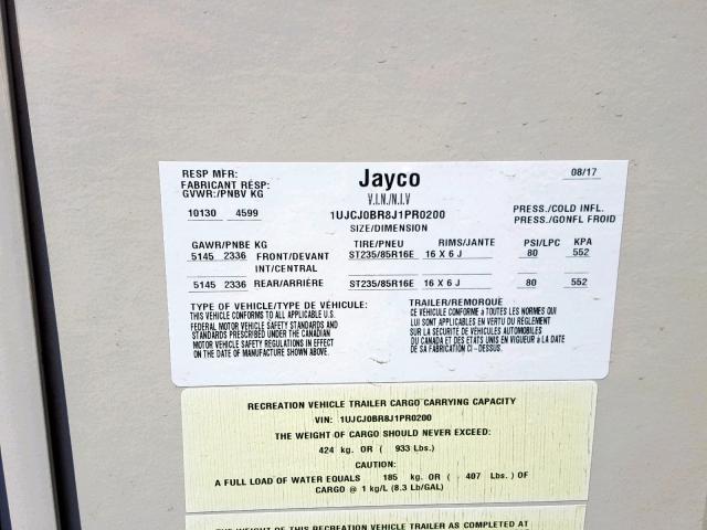 1UJCJ0BR8J1PR0200 - 2018 JAYCO EAGLE  GRAY photo 10