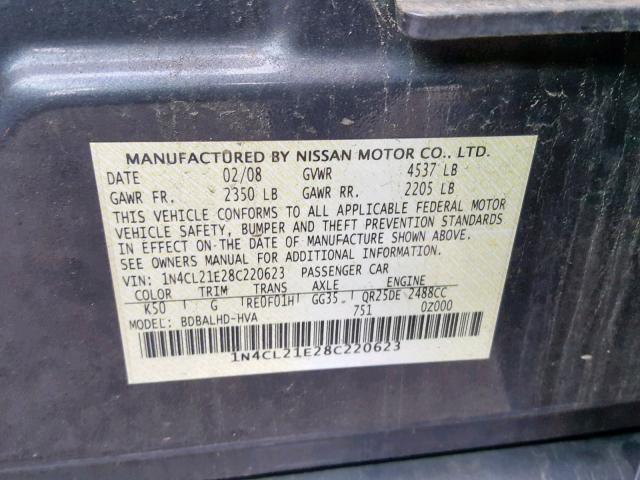 1N4CL21E28C220623 - 2008 NISSAN ALTIMA HYB GRAY photo 10