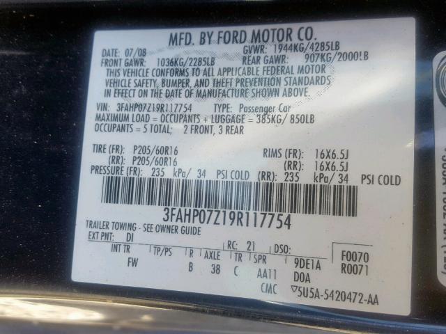 3FAHP07Z19R117754 - 2009 FORD FUSION SE BLUE photo 10