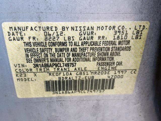 3N1AB6AP9CL749757 - 2012 NISSAN SENTRA 2.0 SILVER photo 10