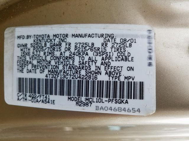 4T3ZF13C72U422816 - 2002 TOYOTA SIENNA LE  photo 10