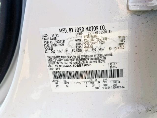 2FMDK4KC5DBB41057 - 2013 FORD EDGE LIMIT WHITE photo 10