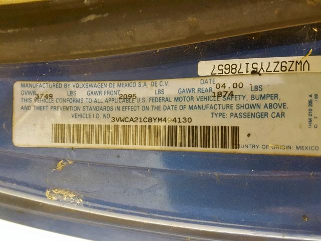 3VWCA21C8YM494130 - 2000 VOLKSWAGEN NEW BEETLE ლურჯი ფოტო 10