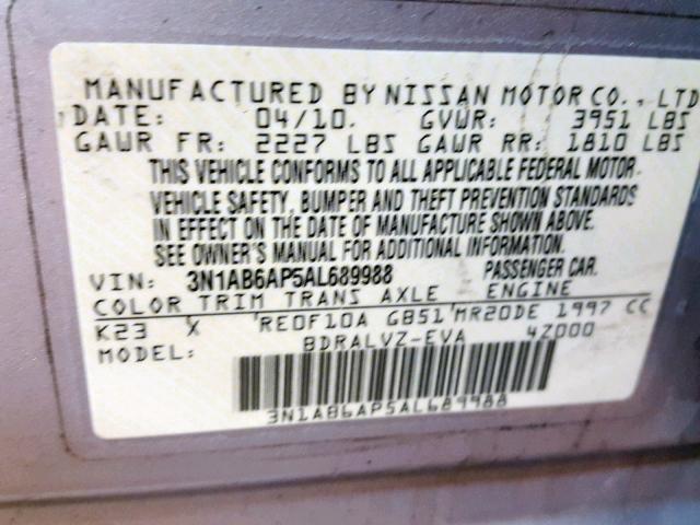 3N1AB6AP5AL689988 - 2010 NISSAN SENTRA 2.0 SILVER photo 10