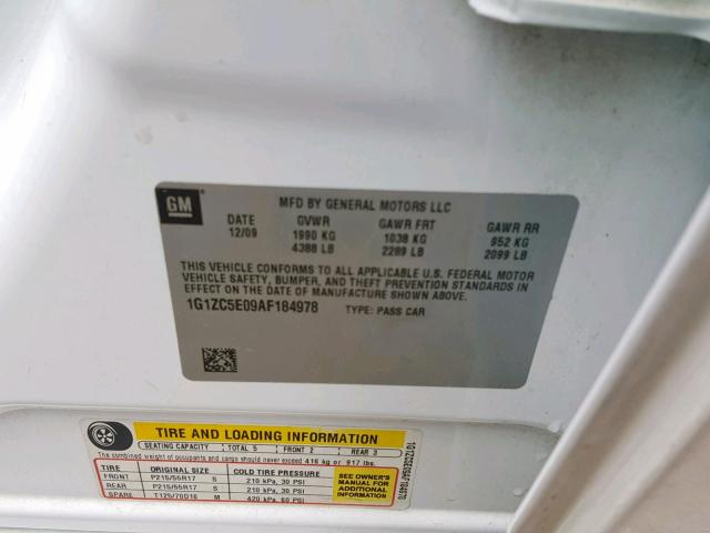 1G1ZC5E09AF184978 - 2010 CHEVROLET MALIBU 1LT 白色 照片 10