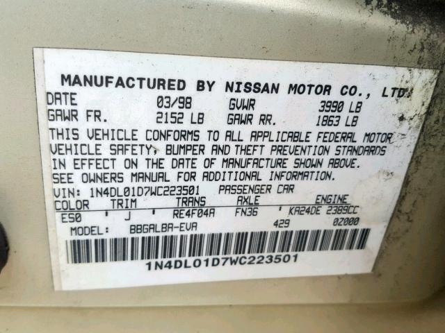 1N4DL01D7WC223501 - 1998 NISSAN ALTIMA XE TAN photo 10