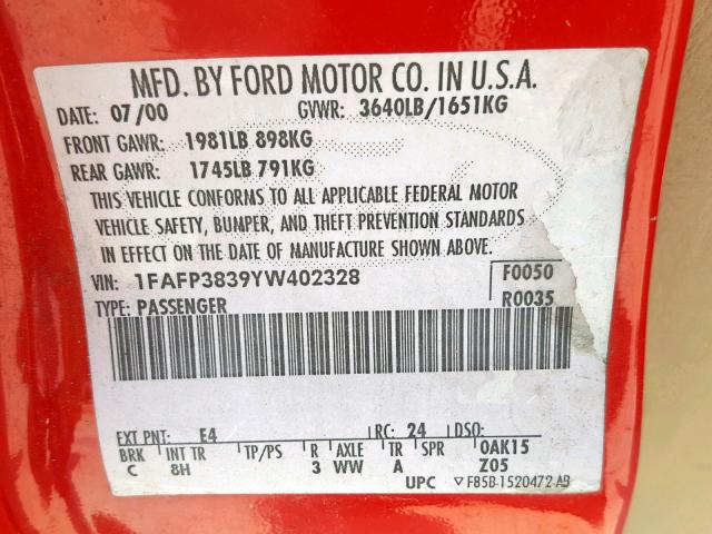 1FAFP3839YW402328 - 2000 FORD FOCUS ZTS RED photo 10