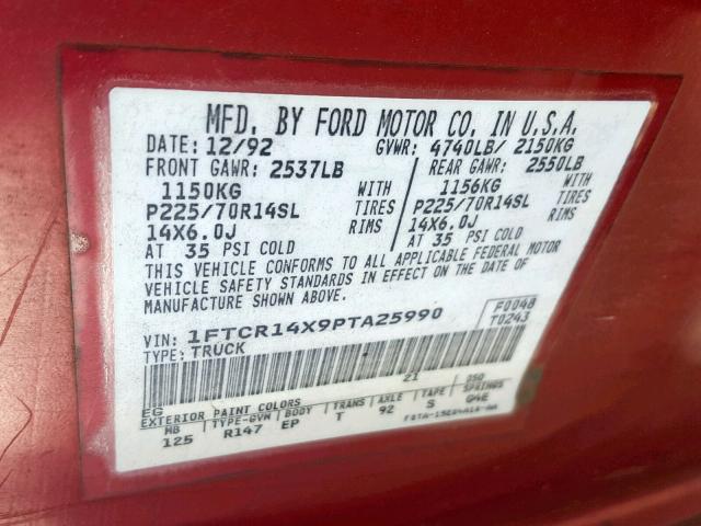 1FTCR14X9PTA25990 - 1993 FORD RANGER SUP RED photo 10