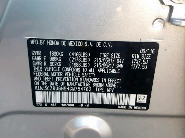 3CZRU6H54GM754762 - 2016 HONDA HR-V EX SILVER photo 10