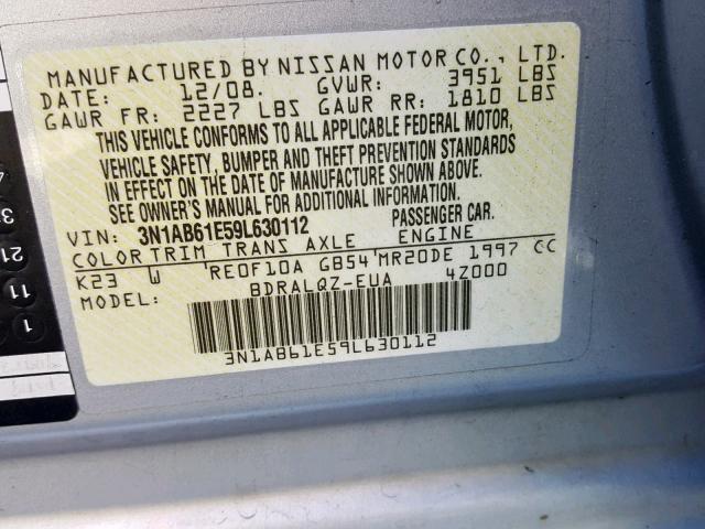 3N1AB61E59L630112 - 2009 NISSAN SENTRA 2.0 SILVER photo 10