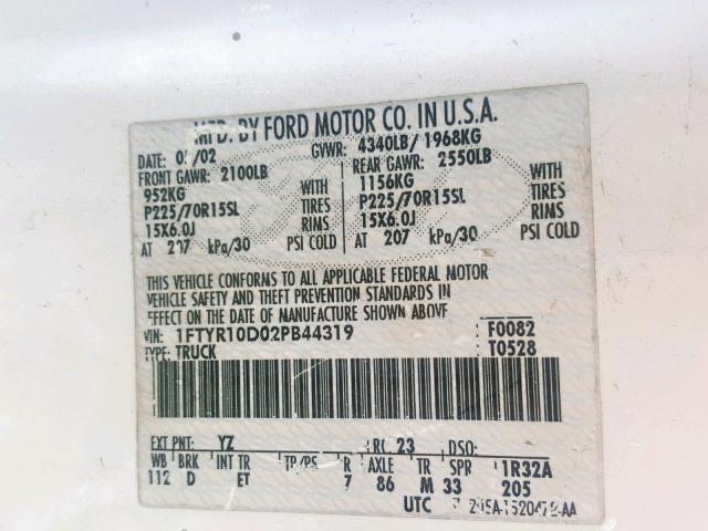 1FTYR10D02PB44319 - 2002 FORD RANGER WHITE photo 10