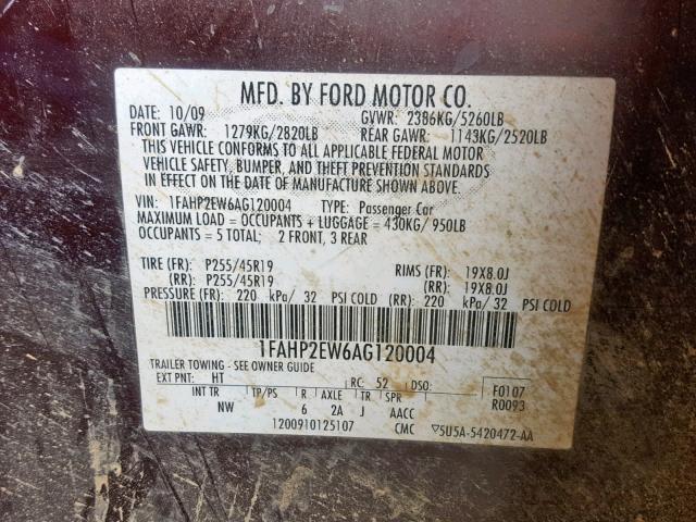 1FAHP2EW6AG120004 - 2010 FORD TAURUS SEL MAROON photo 10