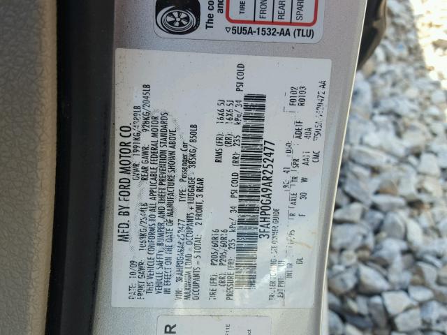 3FAHP0GA9AR252477 - 2010 FORD FUSION S SILVER photo 10