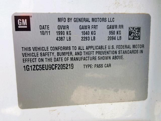 1G1ZC5EU9CF205219 - 2012 CHEVROLET MALIBU 1LT WHITE photo 10