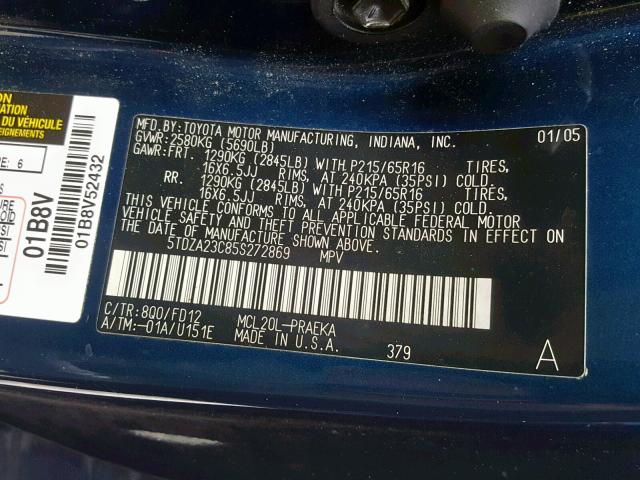 5TDZA23C85S272869 - 2005 TOYOTA SIENNA CE BLUE photo 10