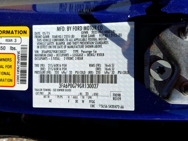 3FA6P0G79GR130027 - 2016 FORD FUSION S BLUE photo 10