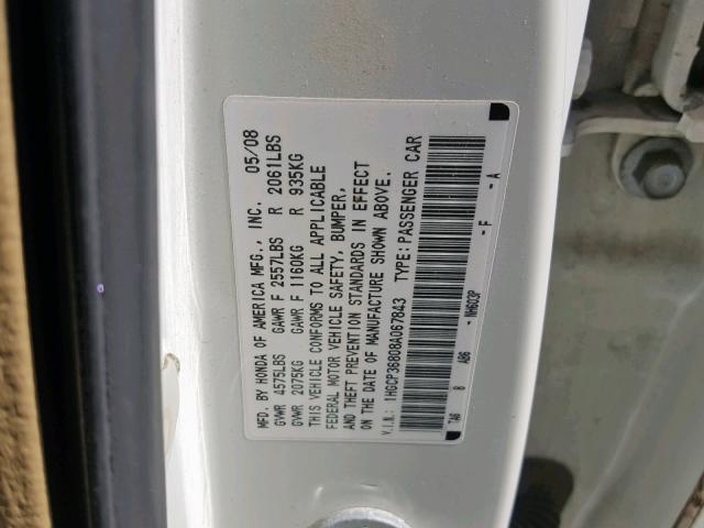 1HGCP36808A067843 - 2008 HONDA ACCORD EXL WHITE photo 10