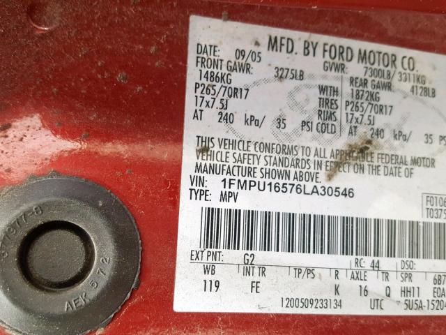 1FMPU16576LA30546 - 2006 FORD EXPEDITION RED photo 10