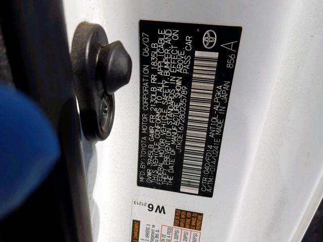 JTKDE167280235789 - 2008 TOYOTA SCION TC თეთრი ფოტო 10