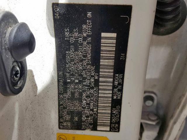 JTJHW31U072030535 - 2007 LEXUS RX 400H WHITE photo 10