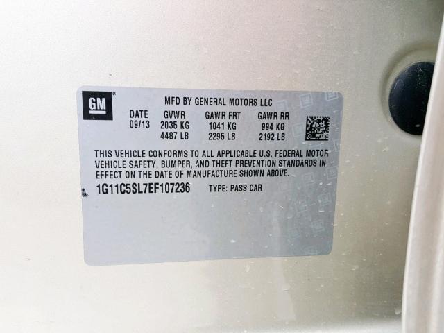 1G11C5SL7EF107236 - 2014 CHEVROLET MALIBU 1LT 米色 照片 10