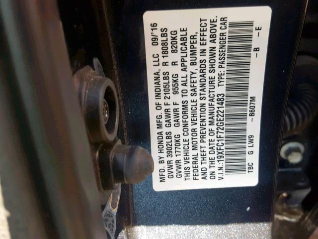 19XFC1F72GE221483 - 2016 HONDA CIVIC EXL 灰色 照片 10